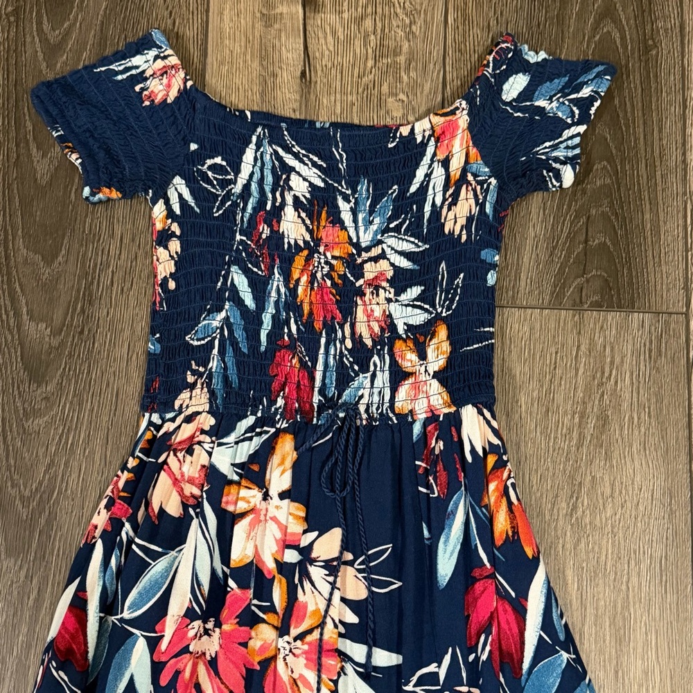 Band of Gypsies Boho Floral Off The Shoulder Smocked Maxi Dress Navy XS Summer - Picture 7 of 14